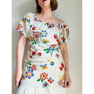 VTG Womens Mini Dress handmade Summer Floral/Fruit Print Sackcloth Style Size S